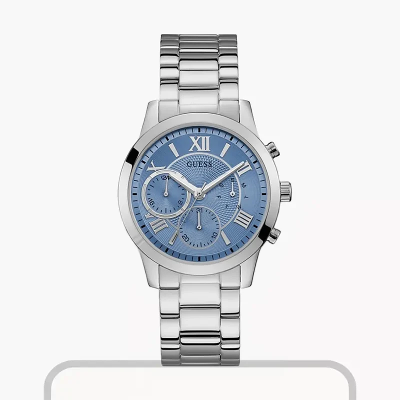 Guess Blue Dial Solid Silver-Tone Ladies Watch- U1070L4